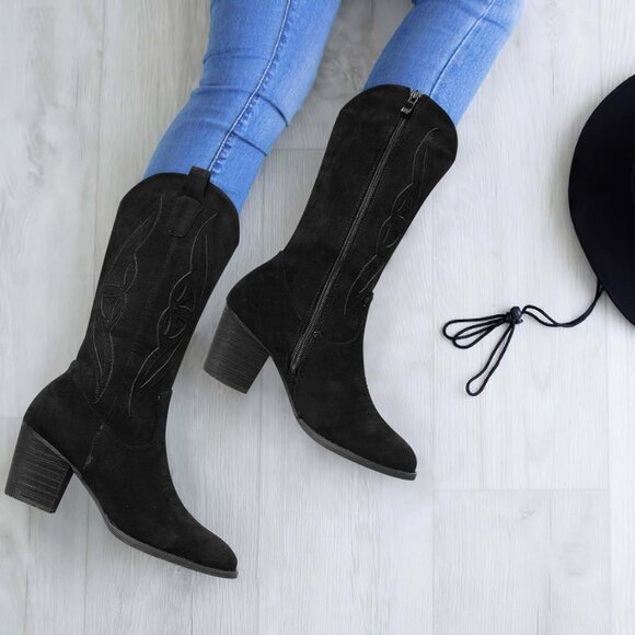 Women 1828-black Suede leather Embroidered Country Heel Pointed Toe Booties - Picture 3 of 6